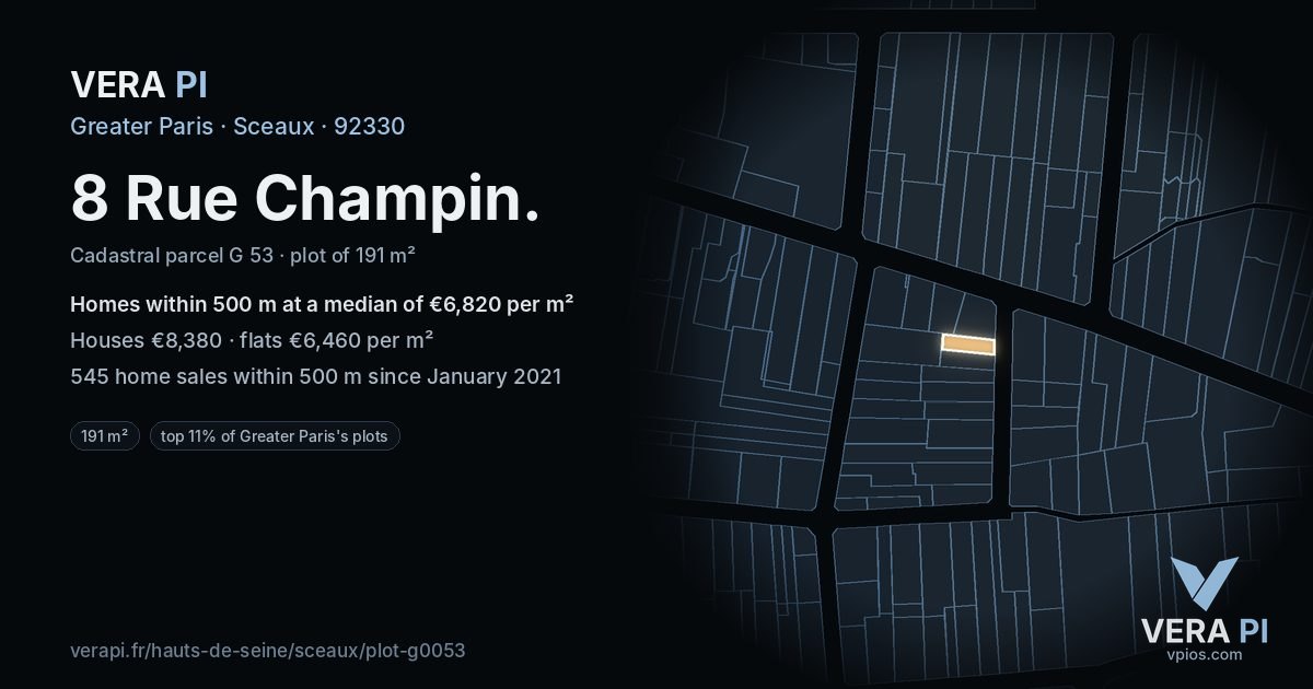 8 Rue Champin, Sceaux at night – the plot lit, the parcels around coloured by the prices near them