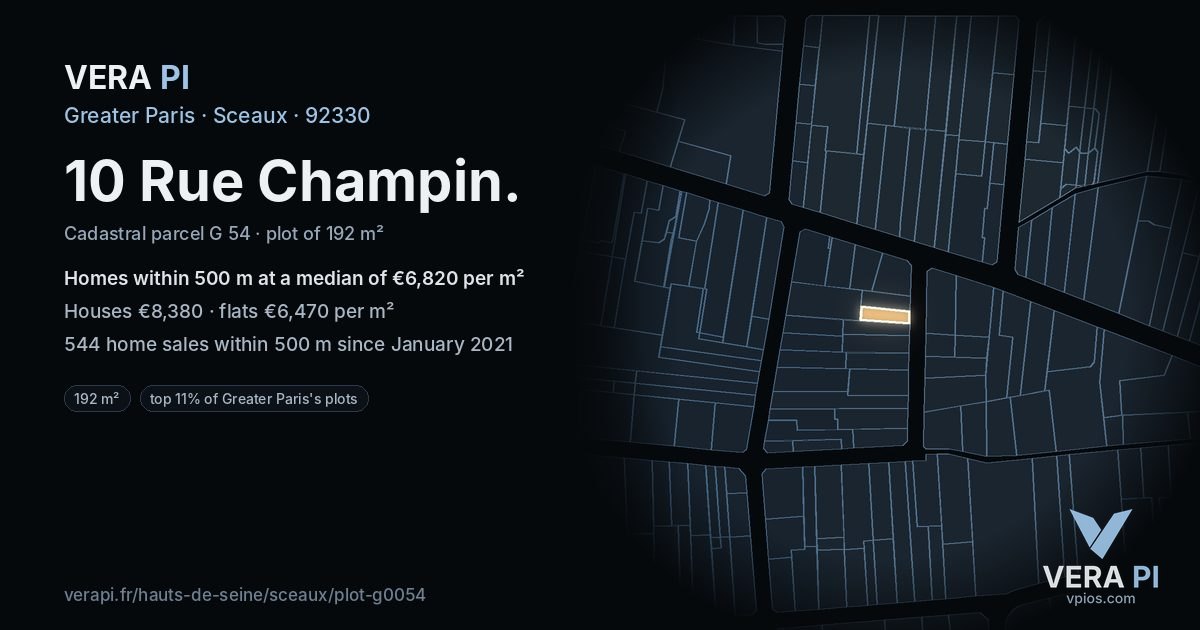 10 Rue Champin, Sceaux at night – the plot lit, the parcels around coloured by the prices near them