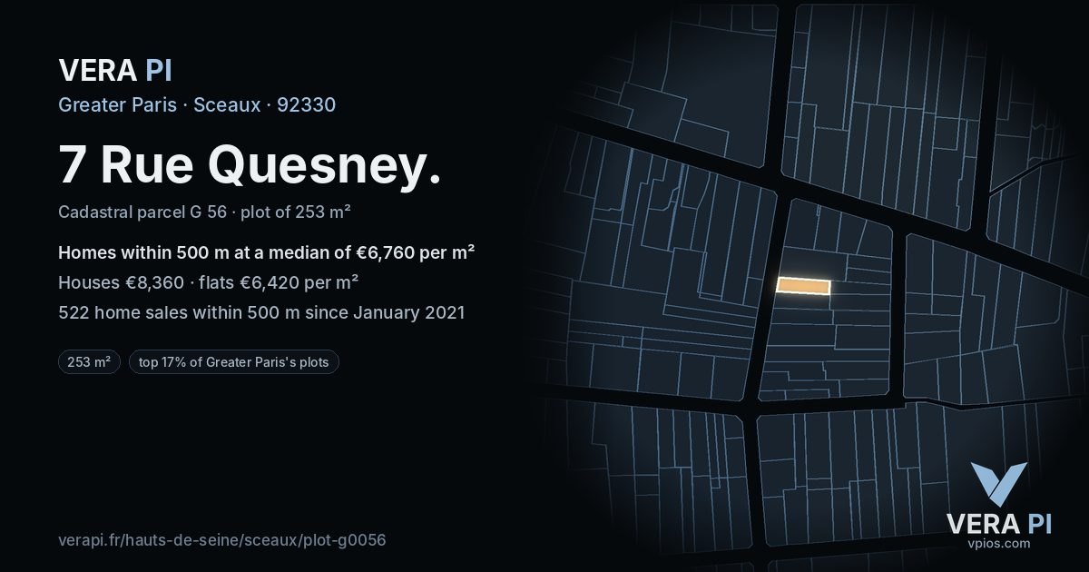 7 Rue Quesney, Sceaux at night – the plot lit, the parcels around coloured by the prices near them