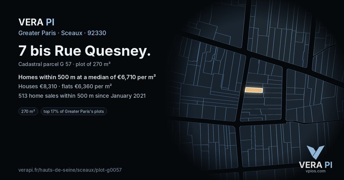 7 bis Rue Quesney, Sceaux at night – the plot lit, the parcels around coloured by the prices near them
