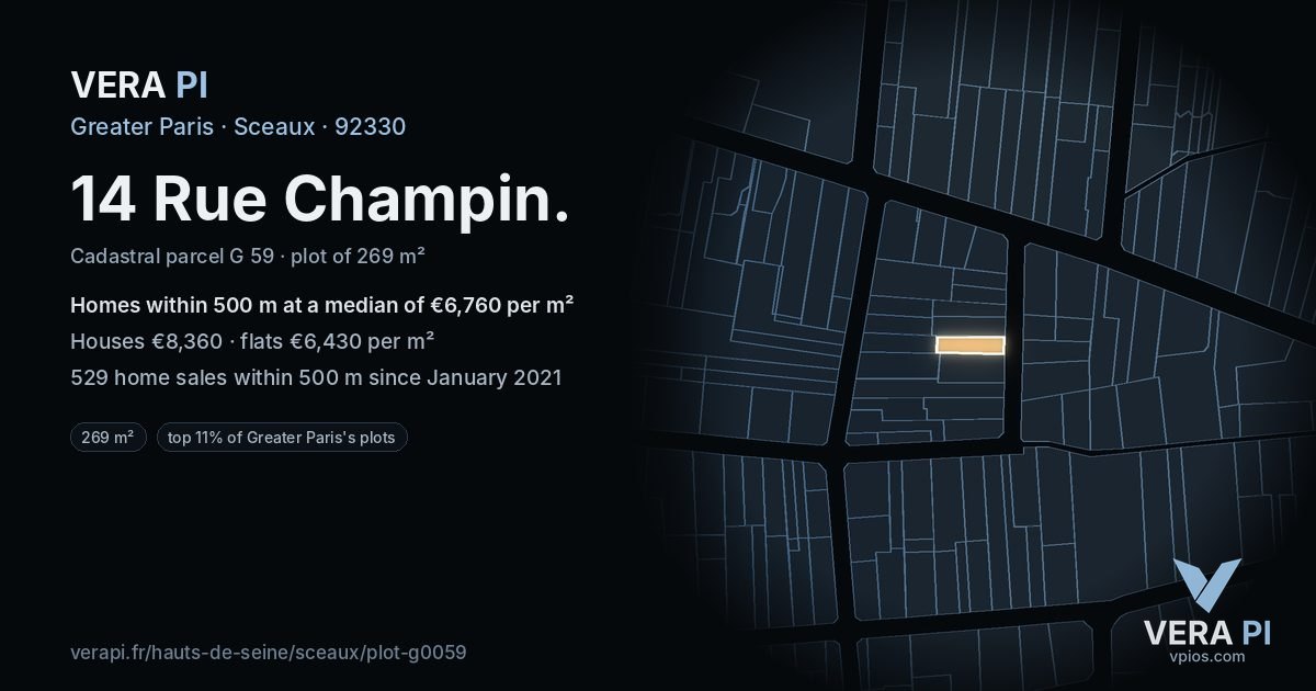 14 Rue Champin, Sceaux at night – the plot lit, the parcels around coloured by the prices near them
