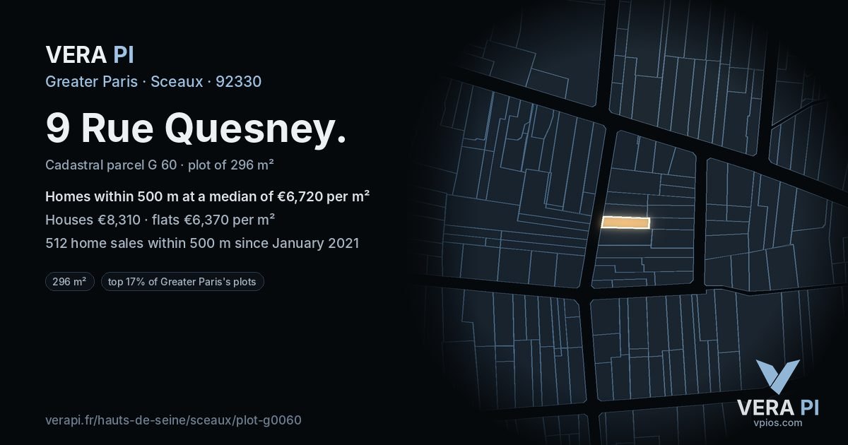 9 Rue Quesney, Sceaux at night – the plot lit, the parcels around coloured by the prices near them