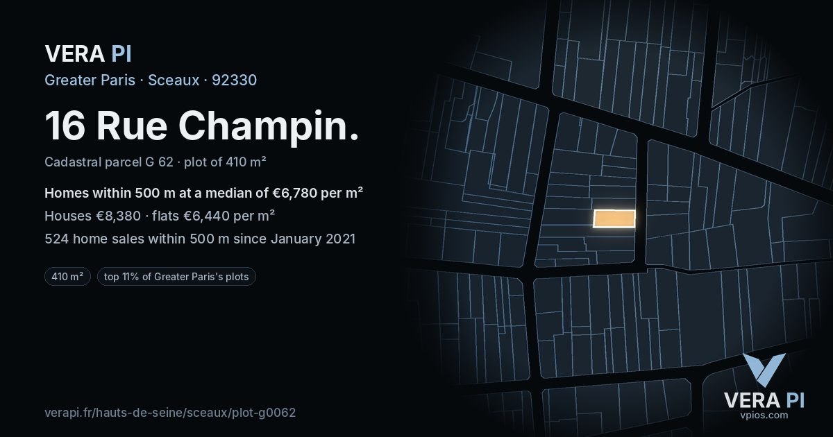 16 Rue Champin, Sceaux at night – the plot lit, the parcels around coloured by the prices near them