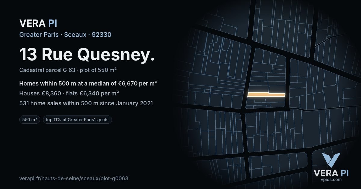 13 Rue Quesney, Sceaux at night – the plot lit, the parcels around coloured by the prices near them
