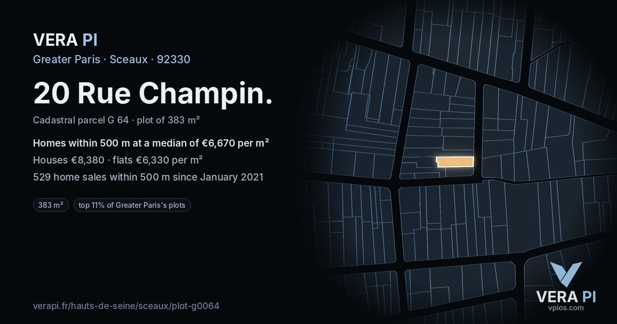 20 Rue Champin, Sceaux at night – the plot lit, the parcels around coloured by the prices near them