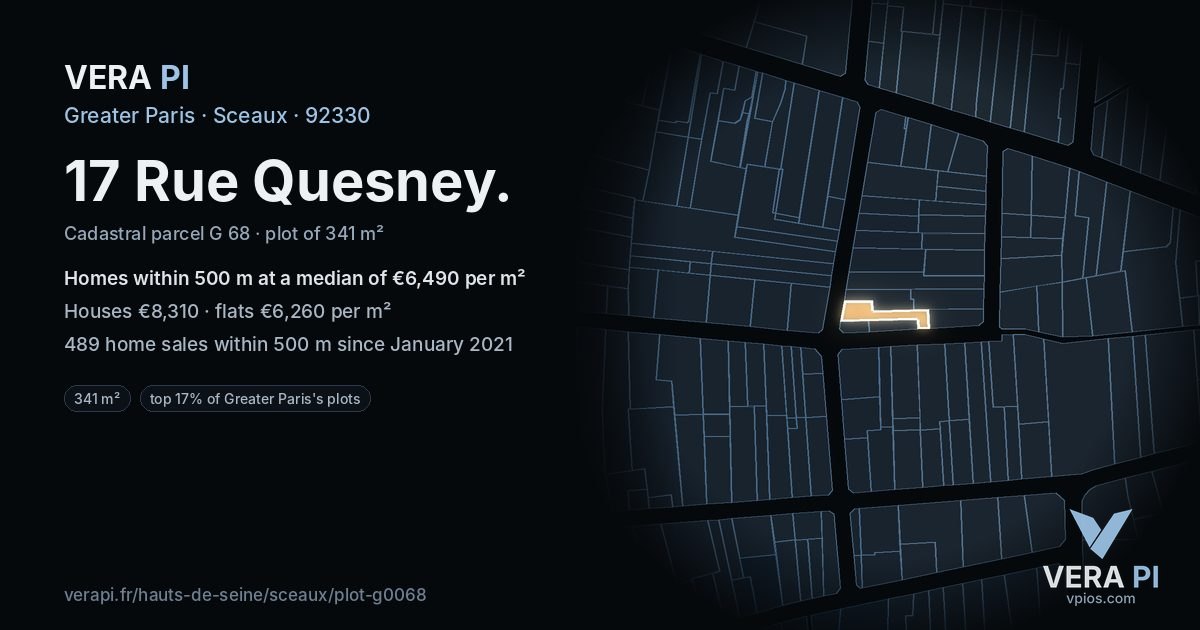 17 Rue Quesney, Sceaux at night – the plot lit, the parcels around coloured by the prices near them