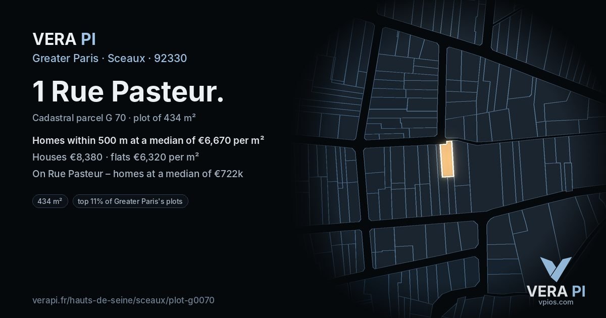 1 Rue Pasteur, Sceaux at night – the plot lit, the parcels around coloured by the prices near them