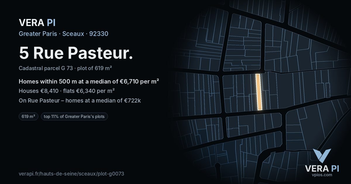 5 Rue Pasteur, Sceaux at night – the plot lit, the parcels around coloured by the prices near them