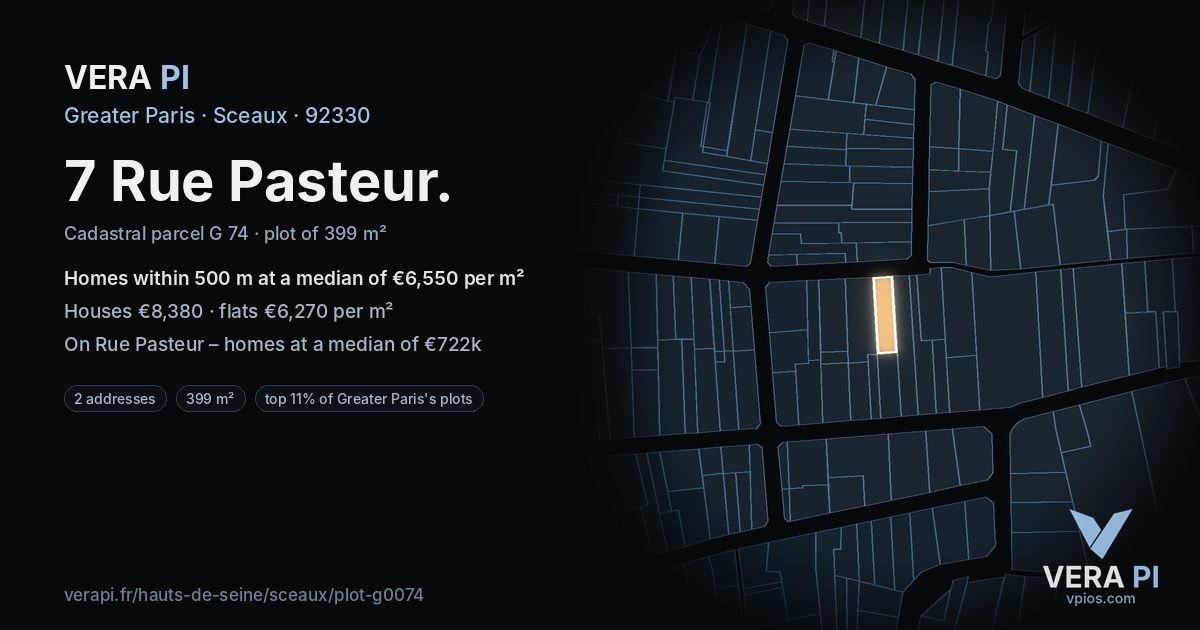 7 Rue Pasteur, Sceaux at night – the plot lit, the parcels around coloured by the prices near them
