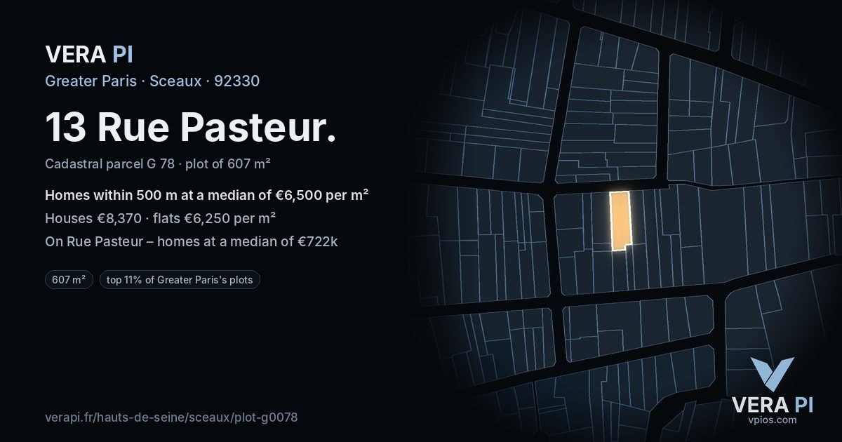 13 Rue Pasteur, Sceaux at night – the plot lit, the parcels around coloured by the prices near them