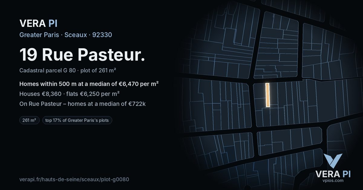 19 Rue Pasteur, Sceaux at night – the plot lit, the parcels around coloured by the prices near them