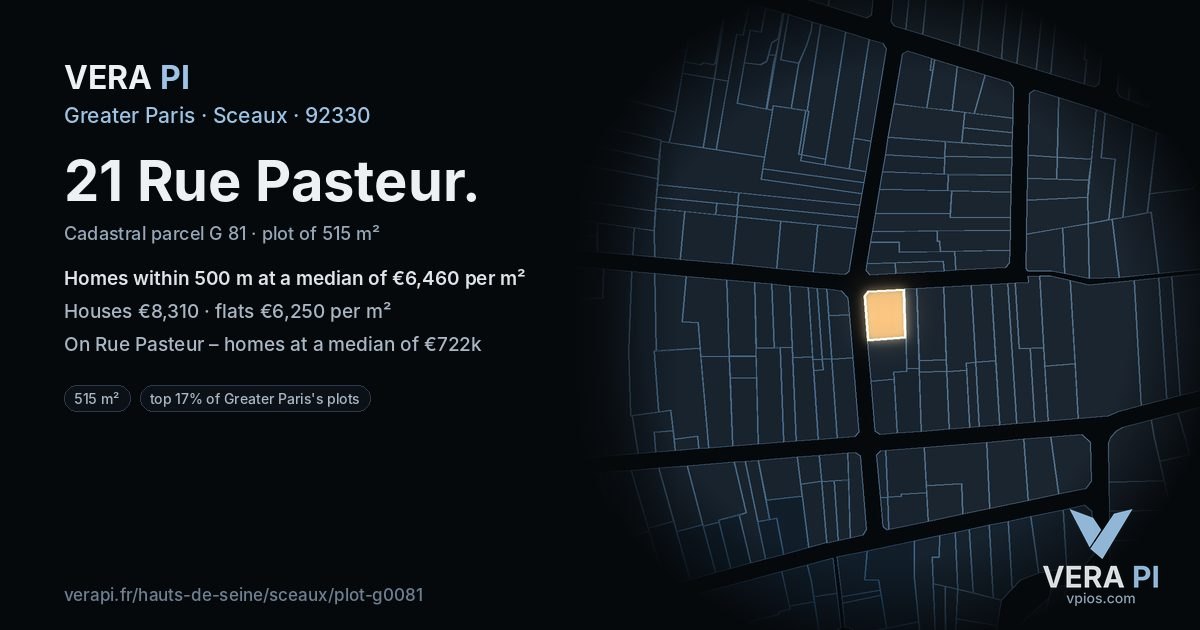 21 Rue Pasteur, Sceaux at night – the plot lit, the parcels around coloured by the prices near them