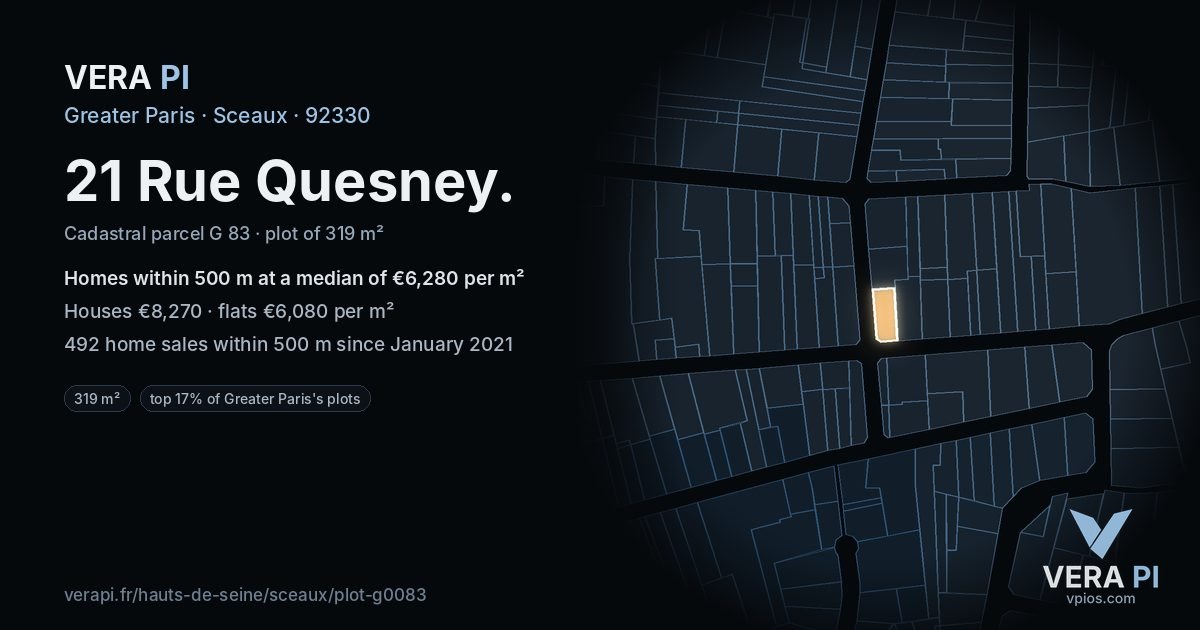 21 Rue Quesney, Sceaux at night – the plot lit, the parcels around coloured by the prices near them