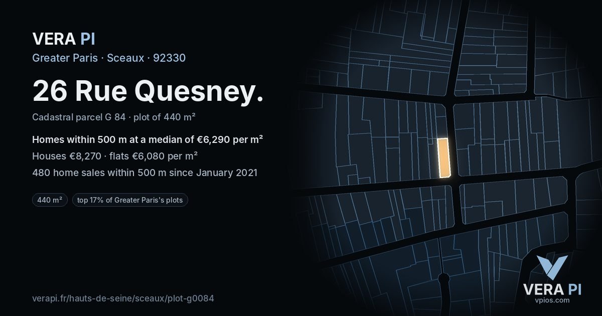 26 Rue Quesney, Sceaux at night – the plot lit, the parcels around coloured by the prices near them