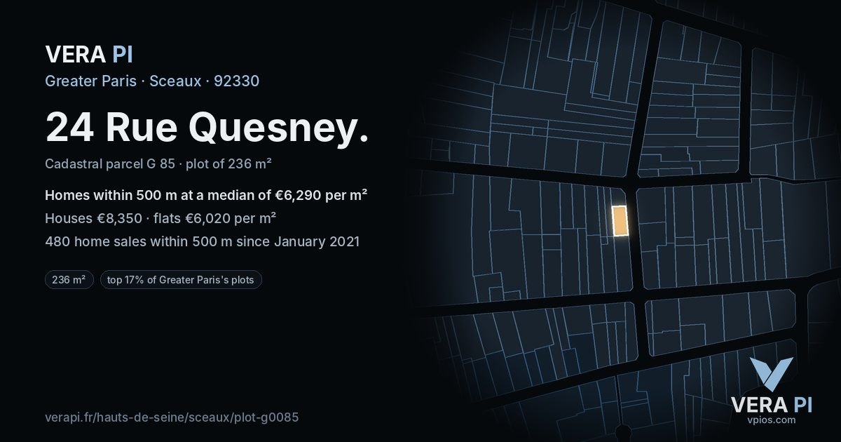 24 Rue Quesney, Sceaux at night – the plot lit, the parcels around coloured by the prices near them