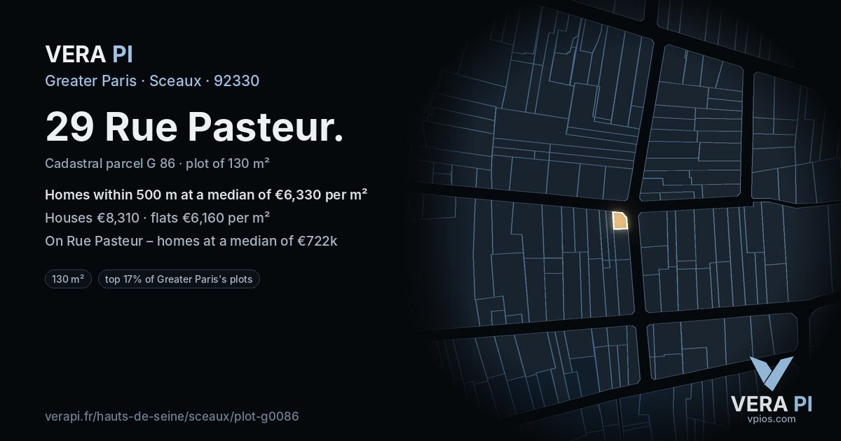 29 Rue Pasteur, Sceaux at night – the plot lit, the parcels around coloured by the prices near them