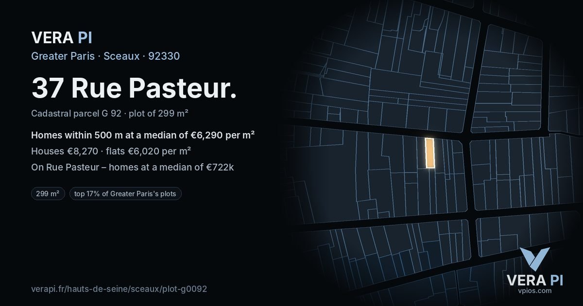 37 Rue Pasteur, Sceaux at night – the plot lit, the parcels around coloured by the prices near them