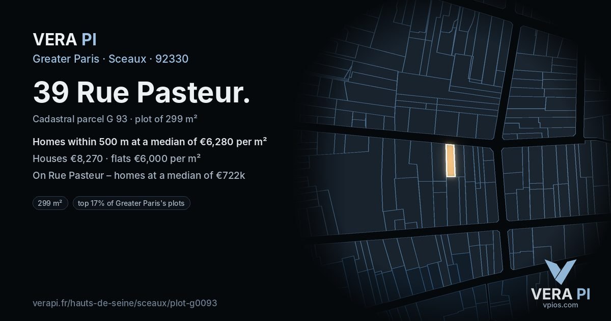 39 Rue Pasteur, Sceaux at night – the plot lit, the parcels around coloured by the prices near them