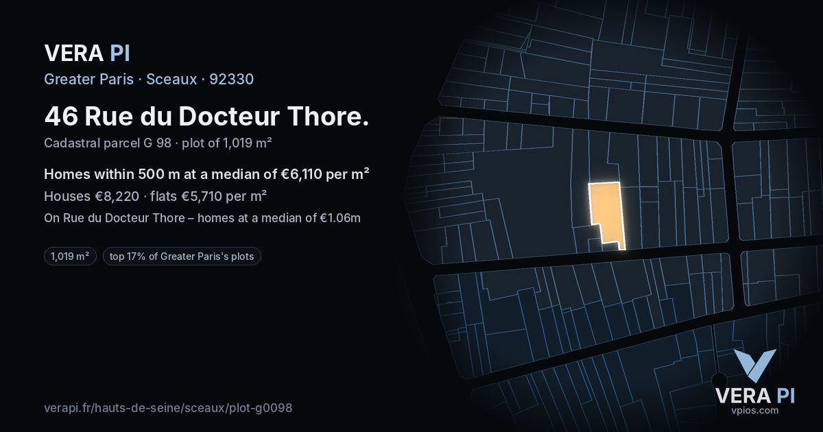 46 Rue du Docteur Thore, Sceaux at night – the plot lit, the parcels around coloured by the prices near them