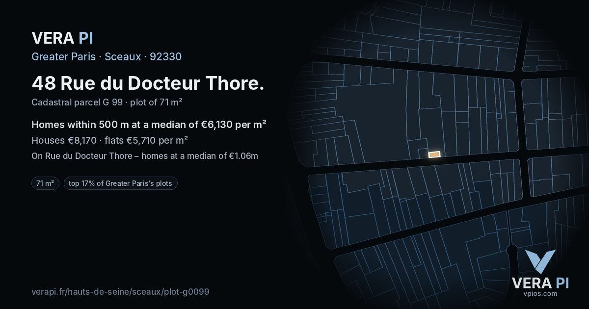 48 Rue du Docteur Thore, Sceaux at night – the plot lit, the parcels around coloured by the prices near them