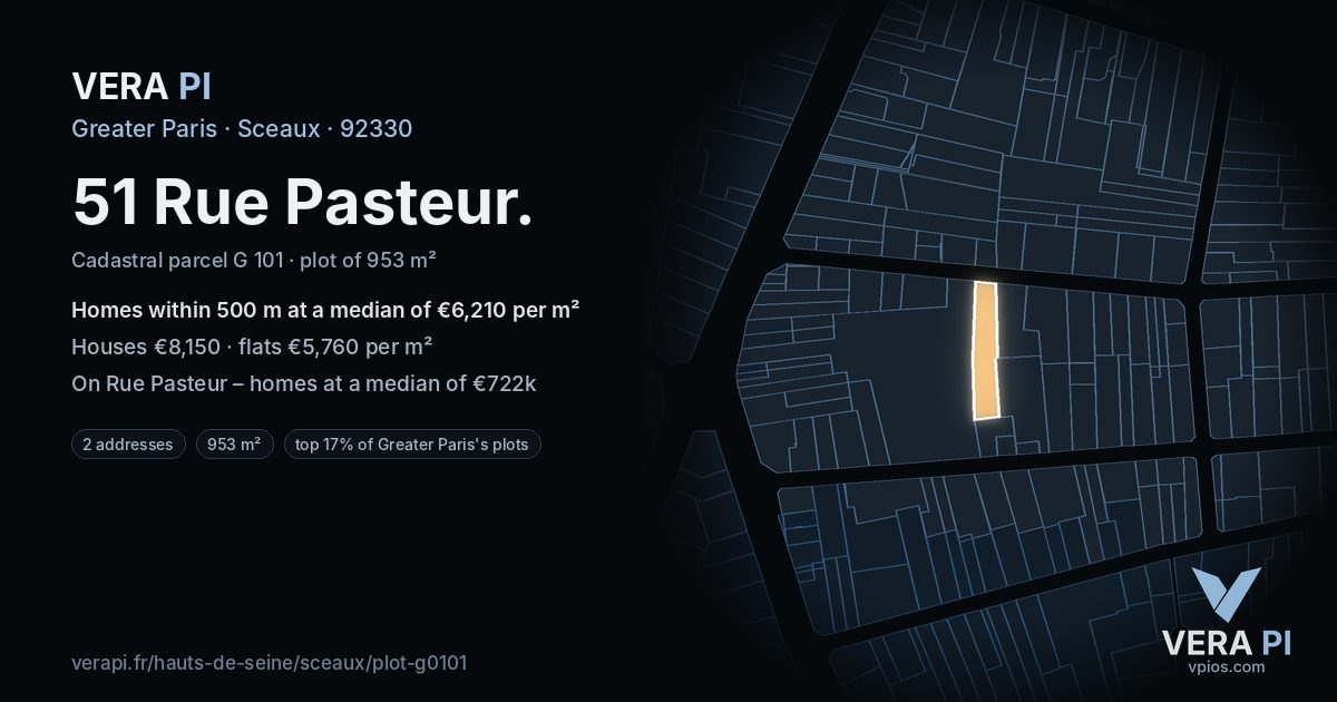 51 Rue Pasteur, Sceaux at night – the plot lit, the parcels around coloured by the prices near them