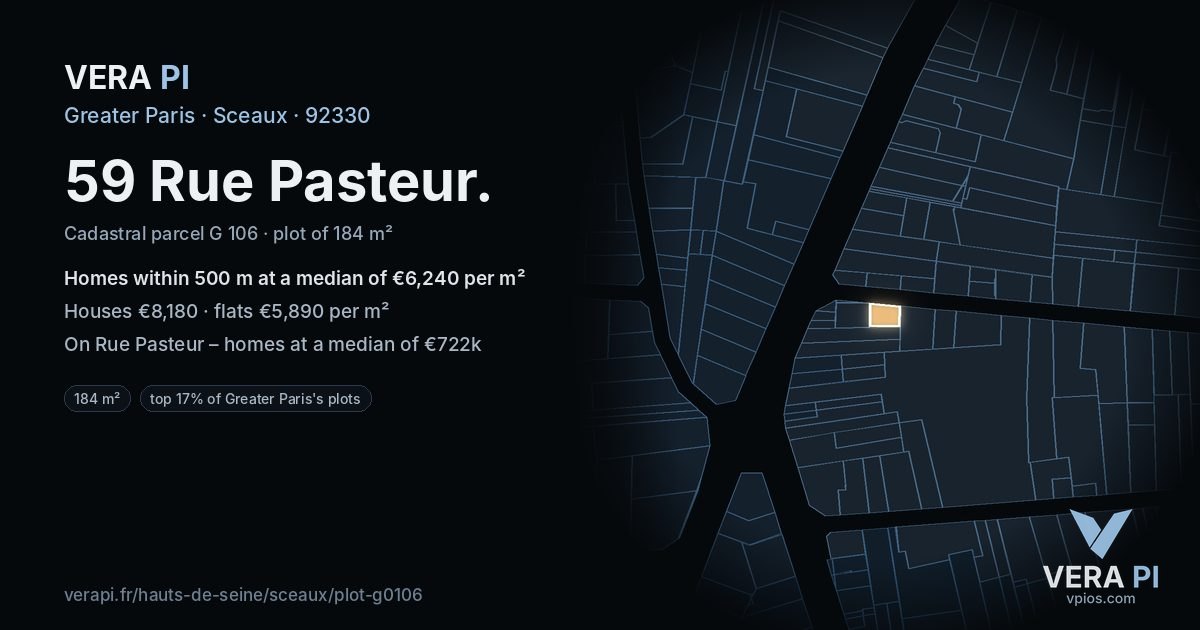 59 Rue Pasteur, Sceaux at night – the plot lit, the parcels around coloured by the prices near them