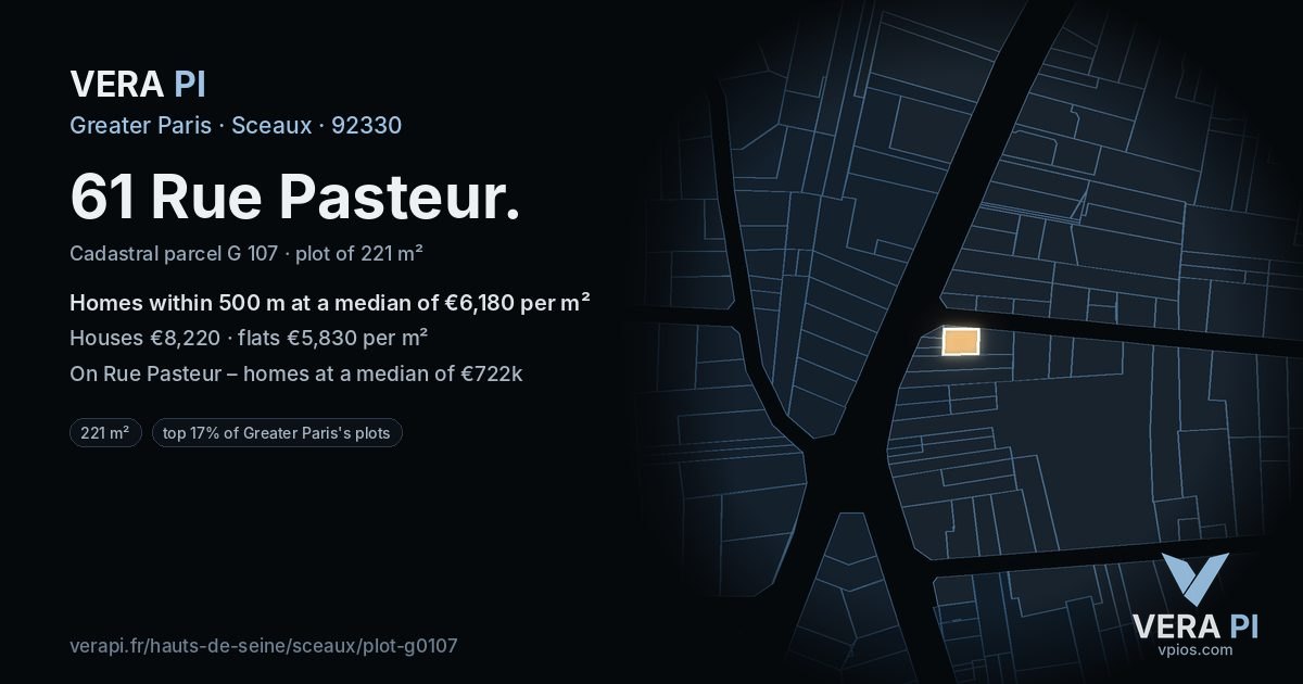 61 Rue Pasteur, Sceaux at night – the plot lit, the parcels around coloured by the prices near them