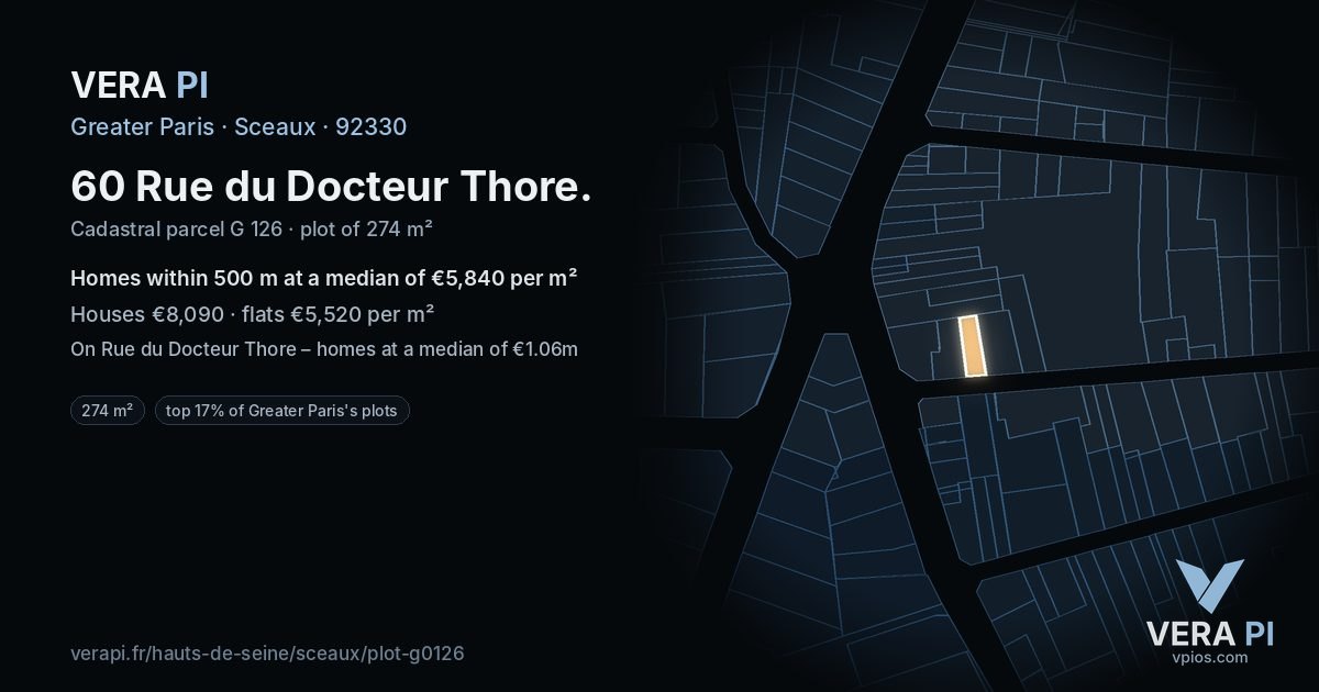 60 Rue du Docteur Thore, Sceaux at night – the plot lit, the parcels around coloured by the prices near them