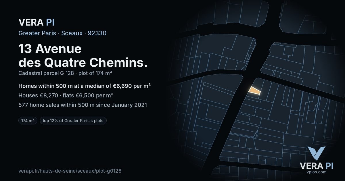 13 Avenue des Quatre Chemins, Sceaux at night – the plot lit, the parcels around coloured by the prices near them