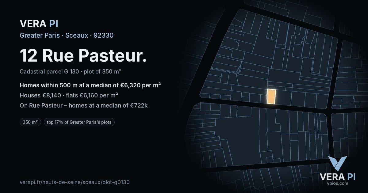 12 Rue Pasteur, Sceaux at night – the plot lit, the parcels around coloured by the prices near them