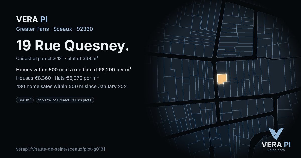 19 Rue Quesney, Sceaux at night – the plot lit, the parcels around coloured by the prices near them