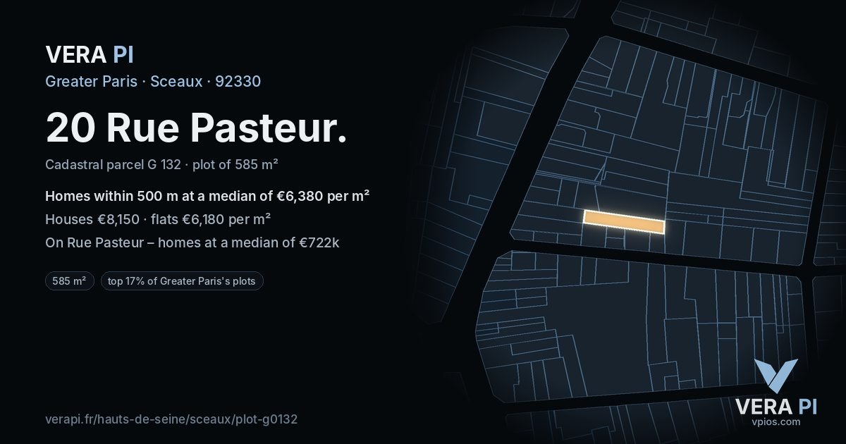 20 Rue Pasteur, Sceaux at night – the plot lit, the parcels around coloured by the prices near them