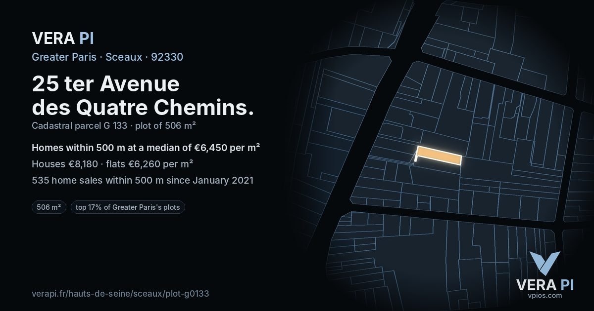 25 ter Avenue des Quatre Chemins, Sceaux at night – the plot lit, the parcels around coloured by the prices near them