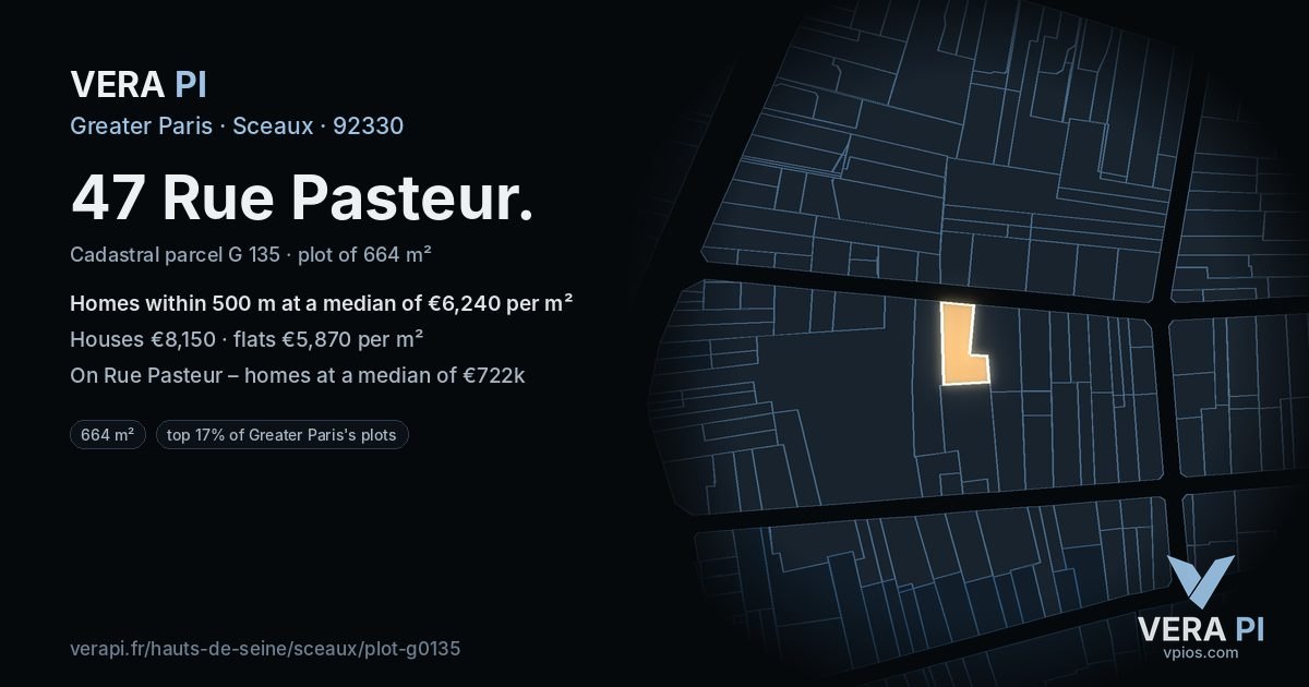 47 Rue Pasteur, Sceaux at night – the plot lit, the parcels around coloured by the prices near them