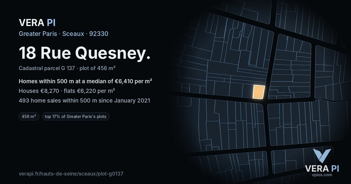 18 Rue Quesney, Sceaux at night – the plot lit, the parcels around coloured by the prices near them