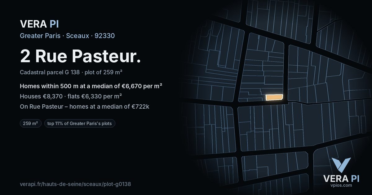 2 Rue Pasteur, Sceaux at night – the plot lit, the parcels around coloured by the prices near them