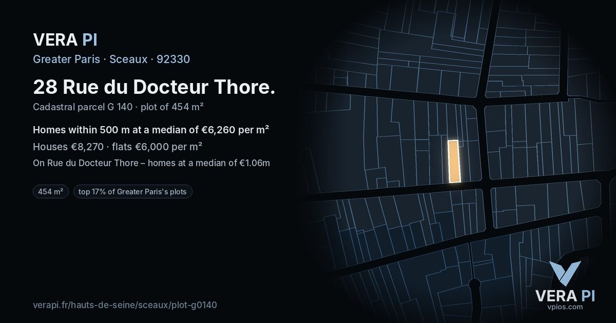 28 Rue du Docteur Thore, Sceaux at night – the plot lit, the parcels around coloured by the prices near them