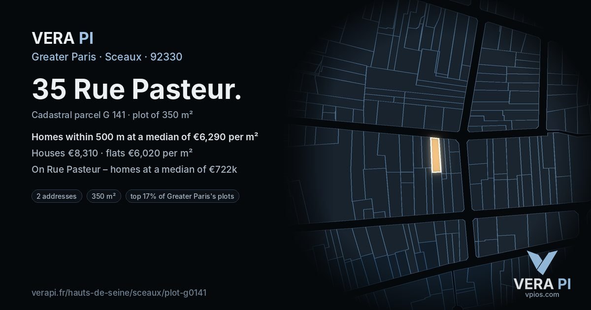 35 Rue Pasteur, Sceaux at night – the plot lit, the parcels around coloured by the prices near them