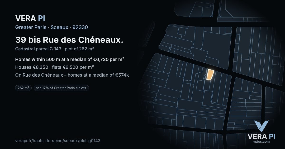39 bis Rue des Chéneaux, Sceaux at night – the plot lit, the parcels around coloured by the prices near them