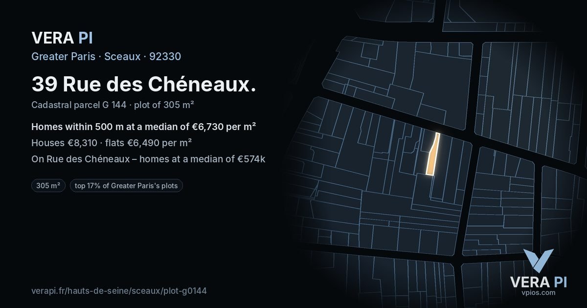 39 Rue des Chéneaux, Sceaux at night – the plot lit, the parcels around coloured by the prices near them