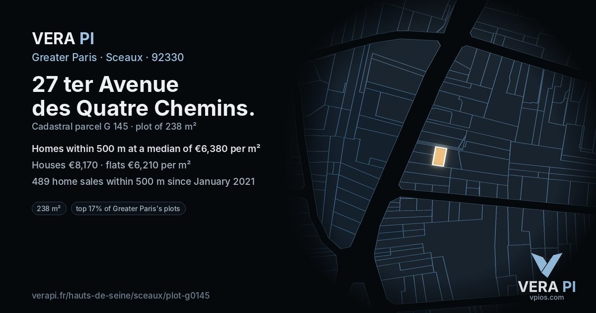 27 ter Avenue des Quatre Chemins, Sceaux at night – the plot lit, the parcels around coloured by the prices near them
