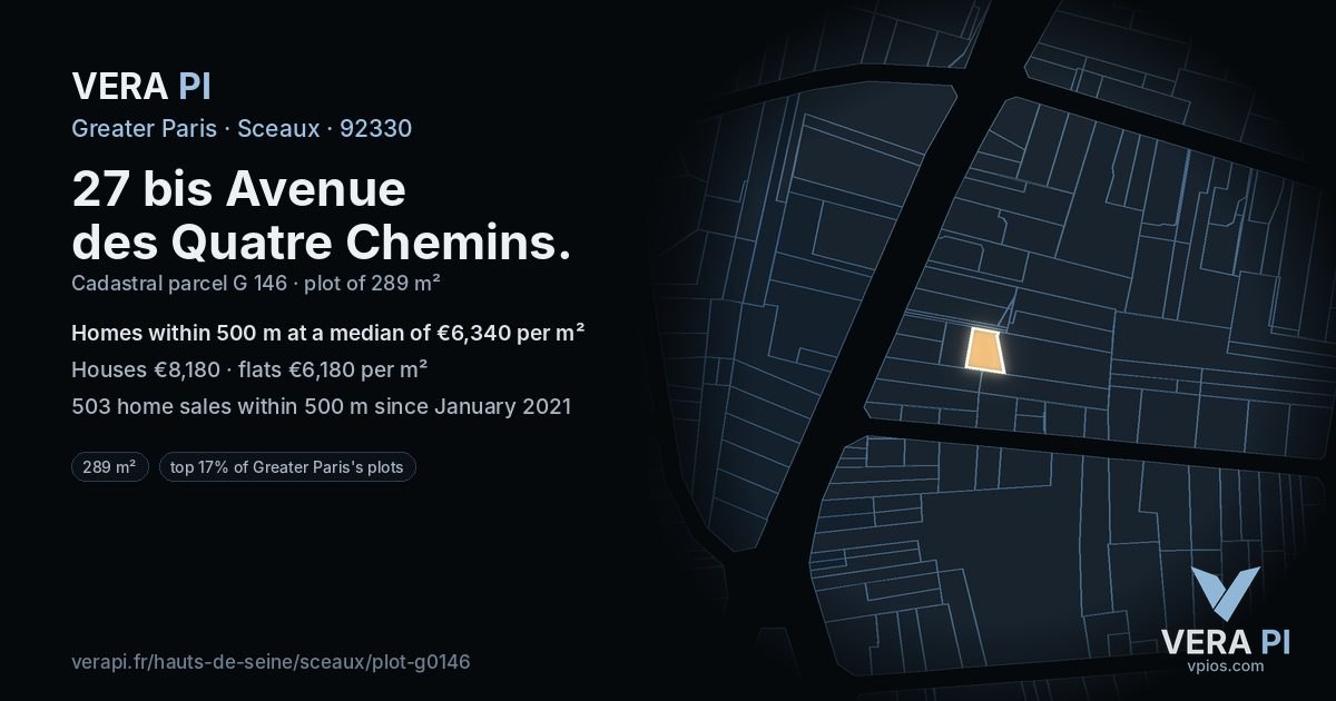 27 bis Avenue des Quatre Chemins, Sceaux at night – the plot lit, the parcels around coloured by the prices near them