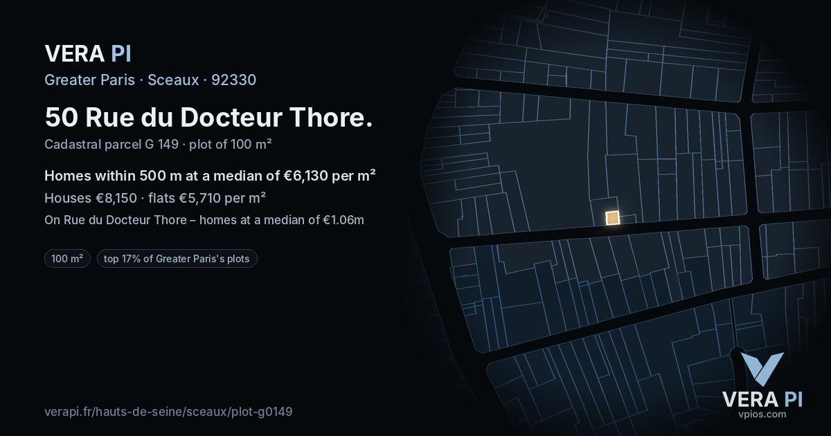 50 Rue du Docteur Thore, Sceaux at night – the plot lit, the parcels around coloured by the prices near them