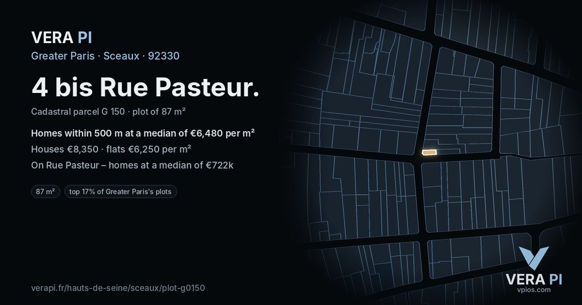4 bis Rue Pasteur, Sceaux at night – the plot lit, the parcels around coloured by the prices near them