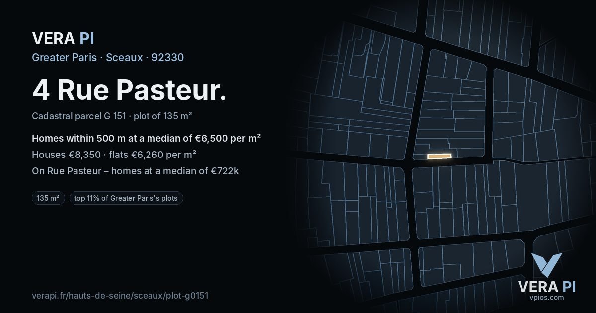 4 Rue Pasteur, Sceaux at night – the plot lit, the parcels around coloured by the prices near them