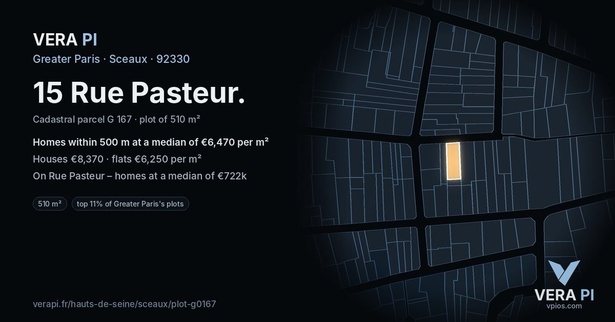15 Rue Pasteur, Sceaux at night – the plot lit, the parcels around coloured by the prices near them