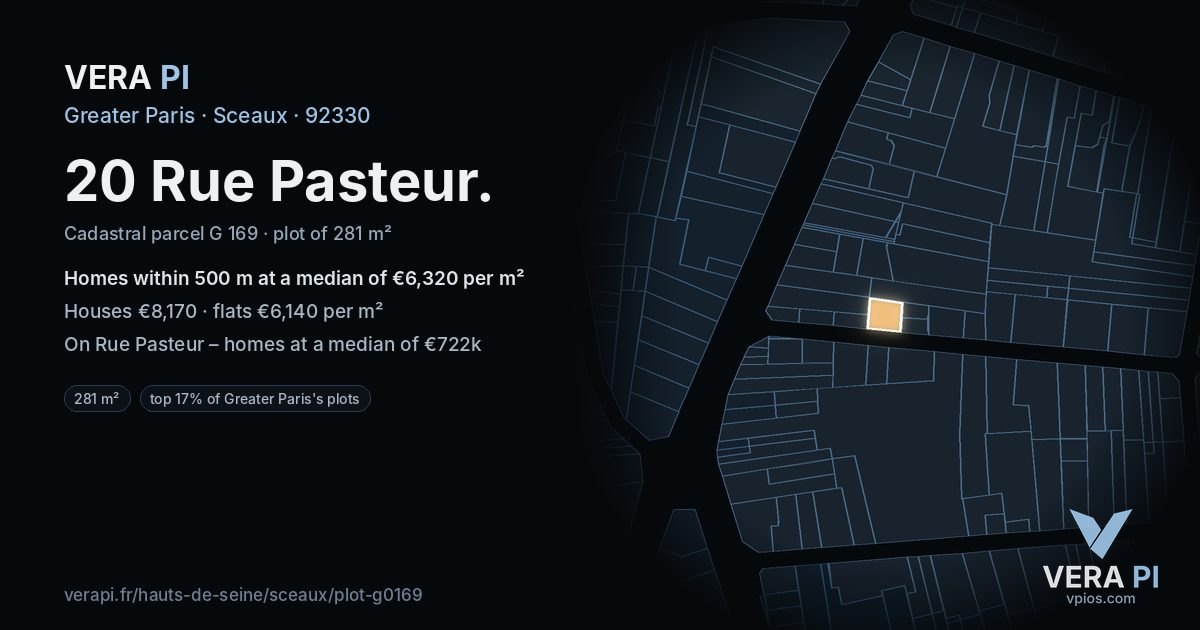 20 Rue Pasteur, Sceaux at night – the plot lit, the parcels around coloured by the prices near them