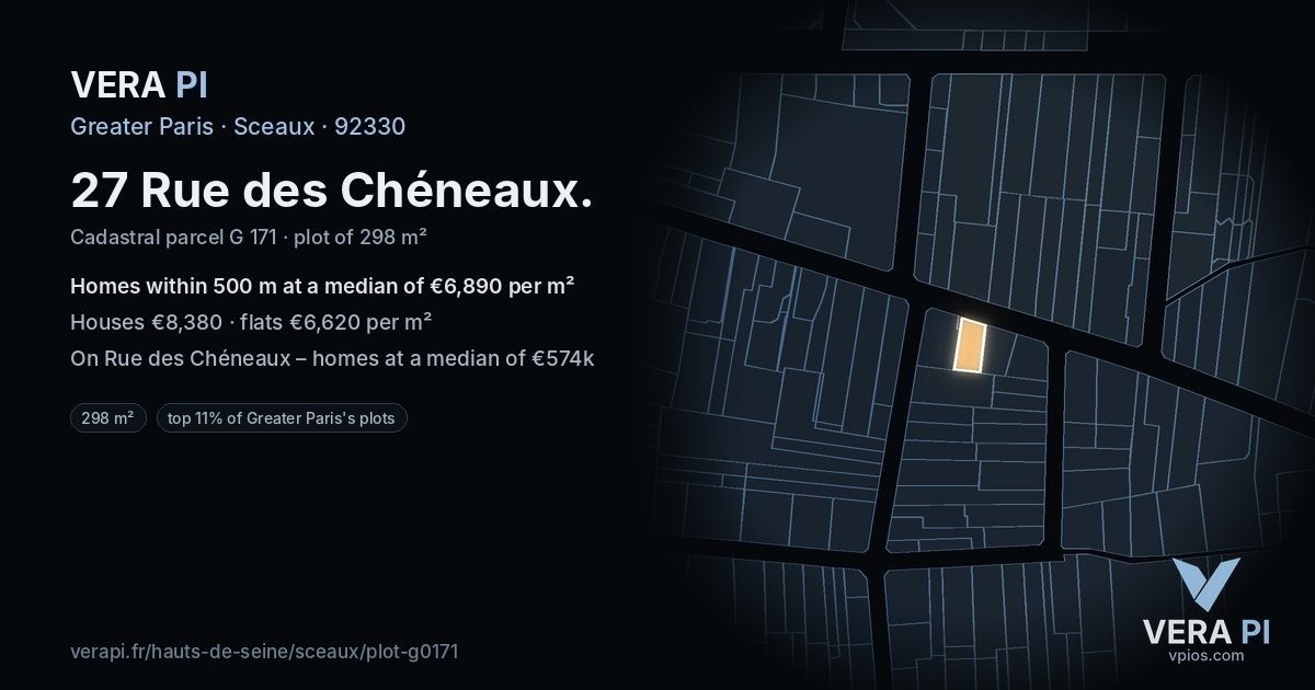 27 Rue des Chéneaux, Sceaux at night – the plot lit, the parcels around coloured by the prices near them