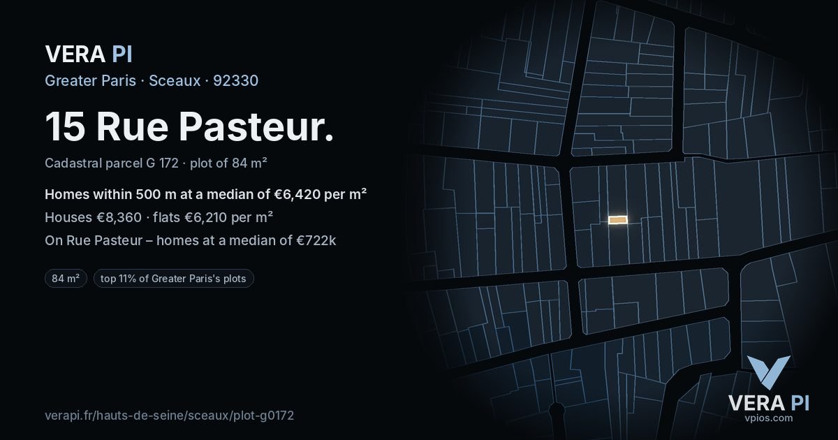 15 Rue Pasteur, Sceaux at night – the plot lit, the parcels around coloured by the prices near them
