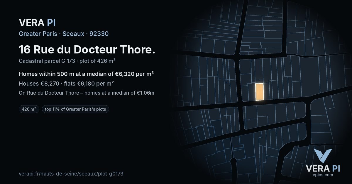 16 Rue du Docteur Thore, Sceaux at night – the plot lit, the parcels around coloured by the prices near them